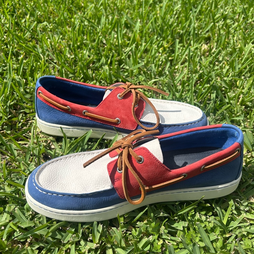 Sperry Red and Blue Boat Shoes with Moccasin Stitching